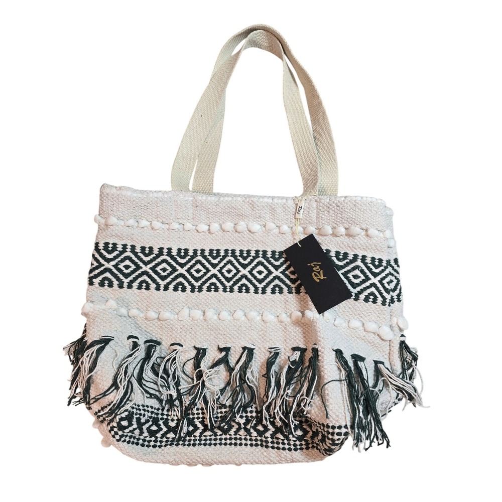 Raj XL Women Woven Cotton Boho Tote Bag Green White Geometric Fringe Pom Pom NEW